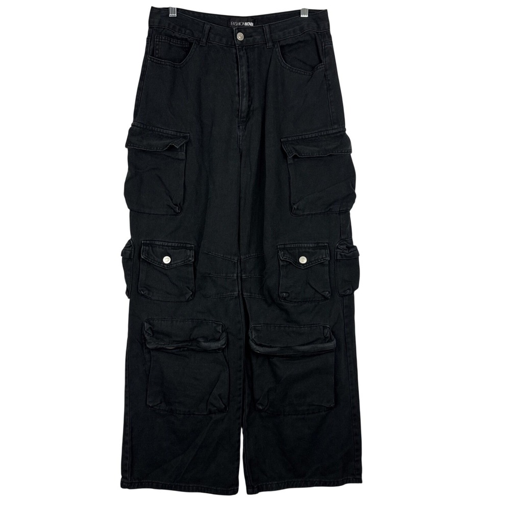 Fashion Nova Cargo Pants Womens Medium/ 7 Black Baggy Wide Leg Zip Pockets High
